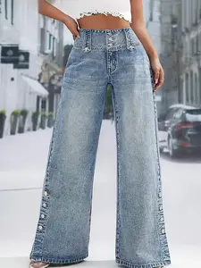 Women's High-Waisted Loose-Fit Denim Jeans, Casual Plain Design, All-Season Wear, Button Fly Closure, Daily Comfortable Jeans