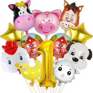 12 pieces of Farm animal balloons for birthdays 1 to 9 years old. The farm birthday digital balloon set includes balloons of cows, donkeys, sheep, pigs and chickens. Farm theme gifts (random style of cow head)