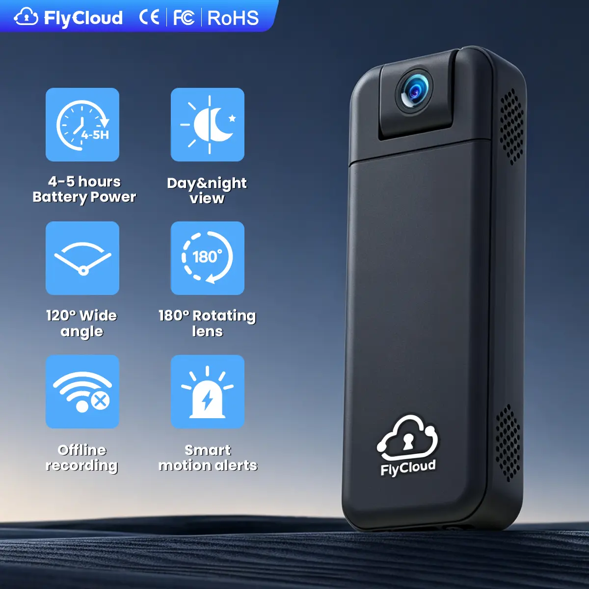 FlyCloud Seven Pocket Body Camera 1080P HD 180 Degree Rotatable Lens Smart Infrared Night Vision WiFi Bluetooth APP Control AI Motion Detection 1900mAh Battery Free 16GB TF Card TF Cloud Storage Compact Camera for Sports Pets Work Indoor Outdoor Recording