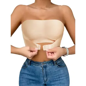 1pc Seamless Strapless Bandeau Bra for Women - Invisible, Anti-Slip, No-Pad Design with Front Closure, Breathable Ice Silk Fabric, Elegant Beige - Machine Washable