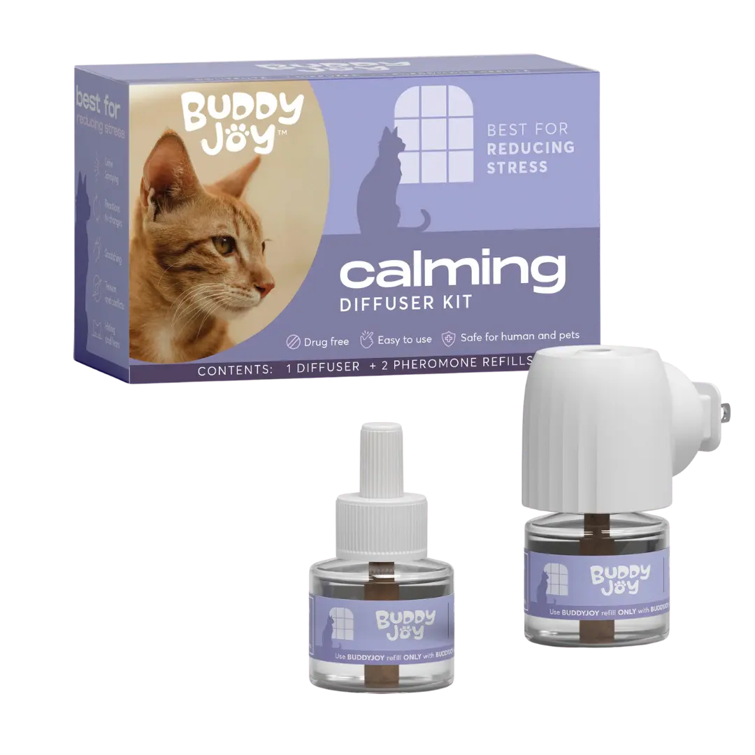 BUDDYJOY® Cat Calming Diffuser Kit – Long-Lasting 30-Day Formula with Pheromones for Stress Relief, Relaxation, and Anxiety Reduction in Cats Easy to Use – (1 Diffuser + 2 Refills)