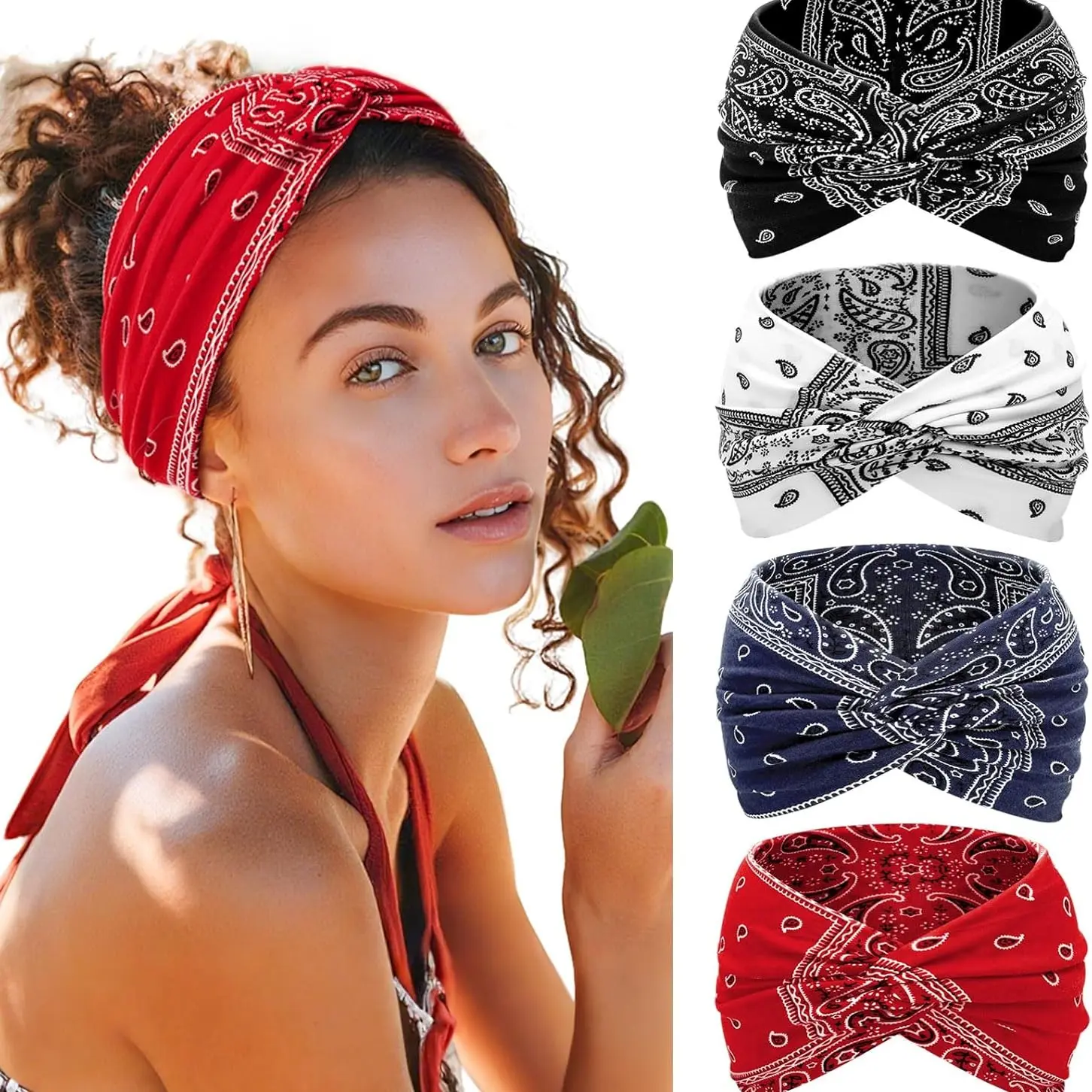 Headbands for Women's Hair Hair Bands 4-Pack Stretchy Workout Headbands – Wide Thin Elastic Boho Tie Dye Knotted Head Band Vintage Zigzag Headband for sports, Yoga, Makeup, Spa & Fashion Accessories
