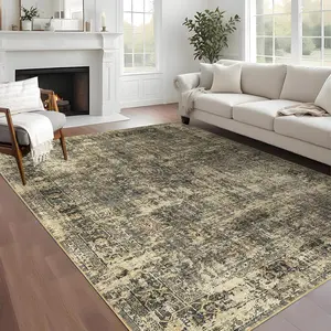【GARVEE】Washable 9x12 Vintage Distressed Rug with Non-Slip Backing, Foldable Low Pile Ultra-Soft Carpet for Living Room, Bedroom, Nursery in Green