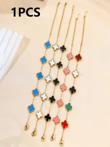 Four Leaf Clover Bracelet, Colorful Enamel Gold Chain, Holiday Gift & Daily Wear, Cute Floral Style, Stainless Steel Material, Clover Flower Bracelet