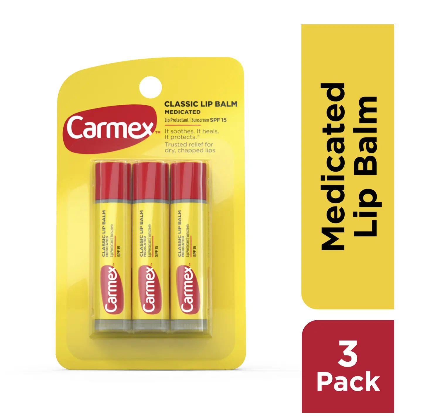 Carmex Classic Medicated Moisturizing Lip Balm, 3-Pack of 0.15 oz Sticks, Daily Lip Care Treatment