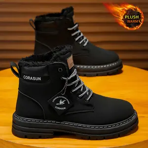CORASUN 2025 Winter Men's Classic Mid Top Sports & Leisure Shoes with Velvet Fashion Boots Warm Outdoor Waterproof Anti-slip Snow Boots Soft Bottom Soft Surface Work Boots Black Work Shoes Local Delivery Boy Khaki