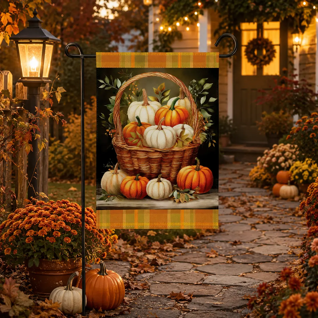 Fall Pumpkin Basket Welcome Garden Flag, Green Plaid Thanksgiving Yard Decor