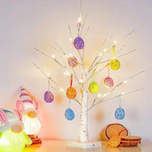 Easter Decorations kemooie 24 Inch Pre-lit White Birch Tree with 10 Hanging Easter Egg Ornaments, 24 Led Lights Battery Operated Easter Table Centerpiece for Party Birthday Home Spring