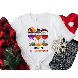 Happy HalloThanksMas Wine Shirt - Cute Drinking T-shirt - Funny Festival Tee  Women Christmas Shirt - Thanksgiving Tee Halloween Tshirt