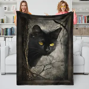 1pc Lodge Style Black Cat Design Soft Flannel Blanket - All Seasons Polyester Knitted Animal Theme Sofa Throw for Office Nap, Bed, Halloween Decor - Skin-Friendly Warm TV Show Inspired Blanket 376