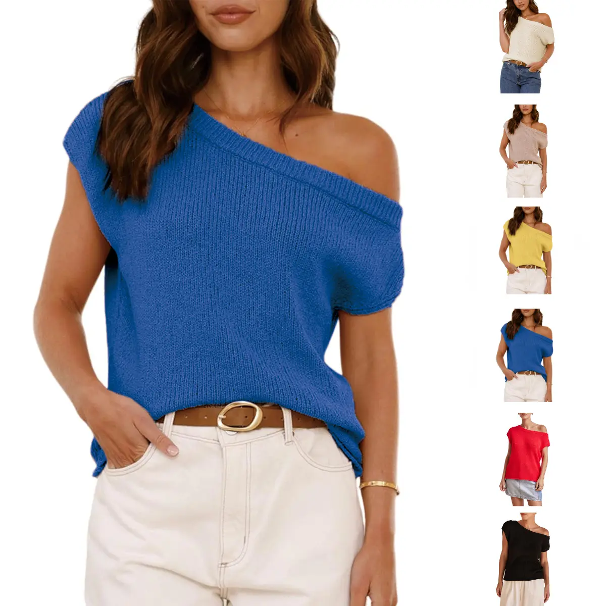 Molitree Women's Off Shoulder Sweater Y2K Short Sleeve Ribbed Knit Pullover Date Night Top Blouse Relaxed Fit Soft Cozy Fabric Casual Womenswear Shortsleeve Basic