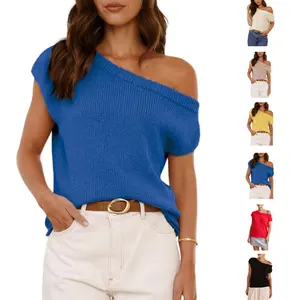 Molitree Women's Off Shoulder Sweater Y2K Short Sleeve Ribbed Knit Pullover Date Night Top Blouse Relaxed Fit Soft Cozy Fabric Casual Womenswear Shortsleeve Basic