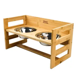 Happi Hoomin Adjustable Elevated Pet Feeder Wooden Stand with Stainless Steel Bowls for Dogs & Cats Multi-Pet Friendly Adjustable Height Promotes Healthy Eating