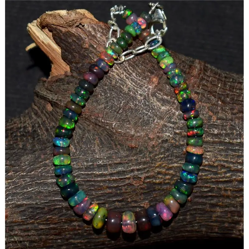 Solid 925 Sterling Silver Natural Ethiopian Opal Gemstone Beads 6"Bracelet F0364
