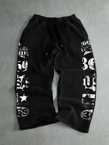Vintage Washed Black Baggy Sweatpants Men Y2K Grunge Streetwear Joggers with Distressed Los Angeles Graphic Print Wide Leg Elastic Waist Casual Pants for Hip Hop Skate Daily Wear Athleisure Style Bottoms