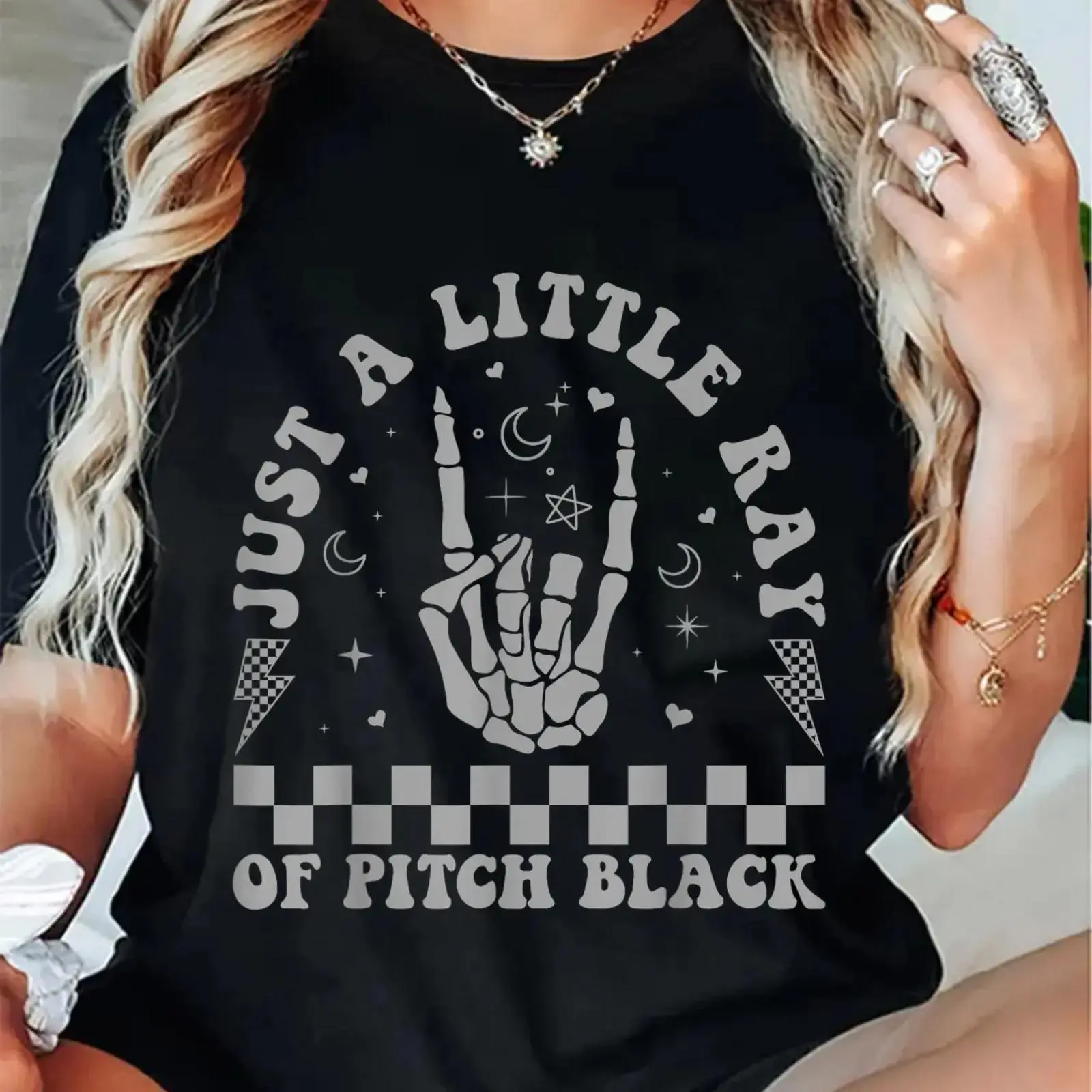 Women's 100% Cotton Casual Basic T-Shirt - Short-Sleeve, Round Neck, Breathable Fabric, Comfortable Fit, Unisex Goth Dark Humor Grunge Emo "Just A Little Ray Of Pitch Black" Essential Everyday Piece