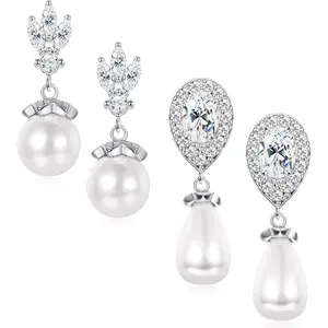 THUNARAZ 2 Pairs White Pearl Gorgeous Earrings for Women Men Smooth Faux Pearls Drop Dangle Earrings for Bridal Wedding Brilliant Shining Zirconia Earrings Set