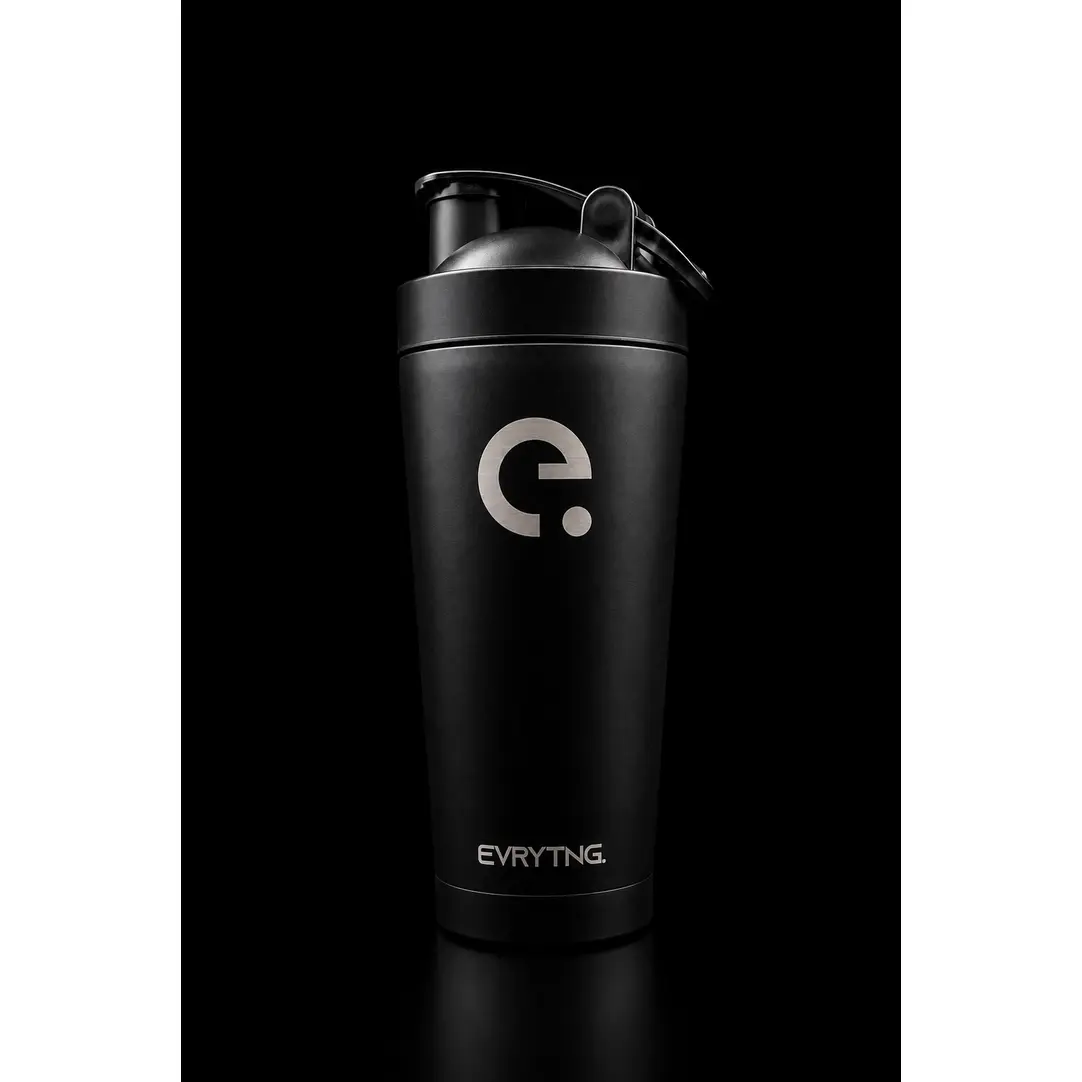 EVRYTNG Dark Knight — Black Stainless Steel Insulated Shaker Bottle, Premium 25 oz Protein Shaker Cup with Stainless Steel Mixing Ball, Leakproof Vacuum Insulated Gym Water Bottle for Protein Powder, Pre-Workout & Fitness