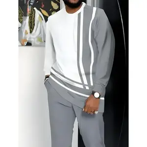 2026 European and American Men's fashion long-sleeved trouser suit, classic simple white and gray two-color stitching print graphic print design, Men's breathable skin-friendly long-sleeved trouser suit New 2026
