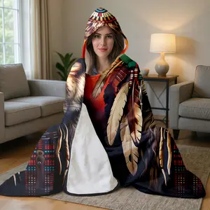 1pc Native American Wolf Headdress Hooded Blanket, Wearable Flannel Poncho Blanket, Super Soft Cozy Multi-Color Digital Print Cloak for Lounging, Gaming, Watching TV, Reading, Camping, All-Season