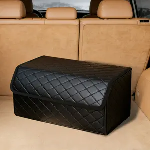 PU Leather Car Trunk Organizer with Lid, Foldable Quilted Cargo Storage Box