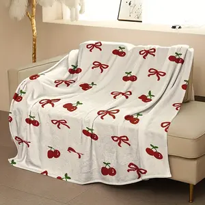 Cherry Bow Print Soft Coral Blanket - Cozy Knit Polyester Throw for Sofa, Bed, Camping & Travel - All-Season Gift Blanket, Office & Home Decor, Camping Accessory | Modern Home Decor | Soft Texture Blanket, Blankets for Home