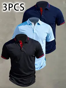 3pcs Men's Casual Fashion Polo Shirt, Slight Stretch, Rib-Knit Details, Breathable and comfortable fabric, Very suitable for everyday wear and sports wear, summer polo men, polo neck for men, gift for husband, Golf Polo