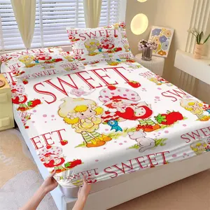 Strawberry Shortcake Big Sweet Fitted Sheet Set, 1 Fitted Sheet + 2 Pillowcases - 3 Pcs Soft Bedding with Deep Pocket, 360° Full Coverage, Wrinkle Free, Cute Sweet Letter Print Cartoon Bed Sheets for Girls, Full Size