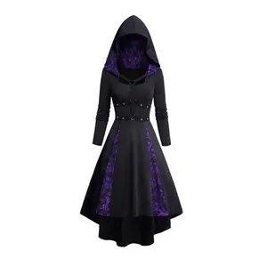 2024 Women’s Gothic Hooded Dress with Skeleton Lace Patches, O-Ring Protective Hole, and Decorative Hood — Color-Contrasting Long-Sleeve Low-Cut Design GARMENTARY
