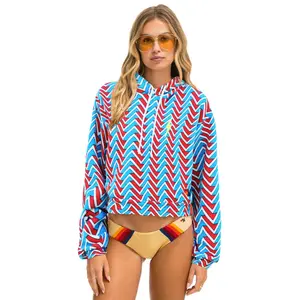 GEO ZIG BOLT EMBRIODERY RELAXED CROPPED PULLOVER HOODIE - RED // BLUE