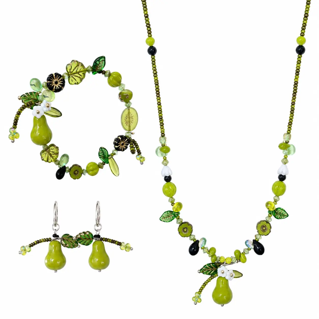 Female Casual Fashion Plastic Floral Cottagecore Pear Jewelry Set - Green Beaded Necklace, Bracelet, Earrings, Aesthetic Fruit Charm Gift for Women, Beaded Chain, Everyday, Daily, Accessories, 3-Pieces, Leaf Accents, Green Beads