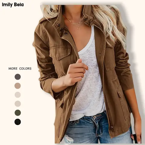 Imily Bela Women's Military Jacket Zip Up Snap Buttons Lightweight Utility Anorak Field Safari Coat Outerwear with Pockets Long Sleeve Cotton Tops
