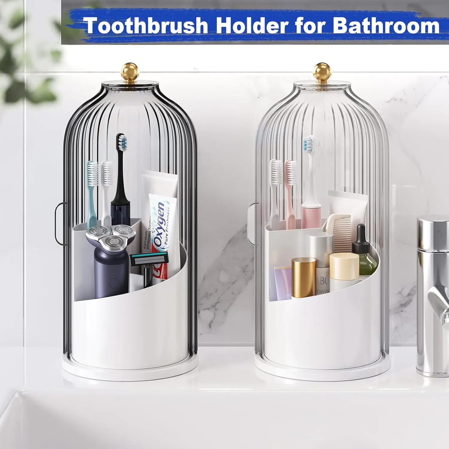 Dustproof Toothbrush Holders with Cover Storage Bucket Organizers with Transparent Door Lid,360 Rotating Clearance Makeup for Vanity Bathroom, Desktop Countertop Storage, Make up Container Spinning Brush Holder Boxes White Grip Bathroom Countertop  organi