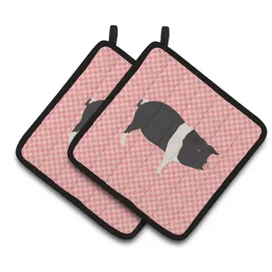 212 MAIN Insulated Fabric Pot Holders & Oven Mitts - Set of 2, Polyester, Hampshire Pig Pink Check Kitchenware, Colorful Art Hanging Design