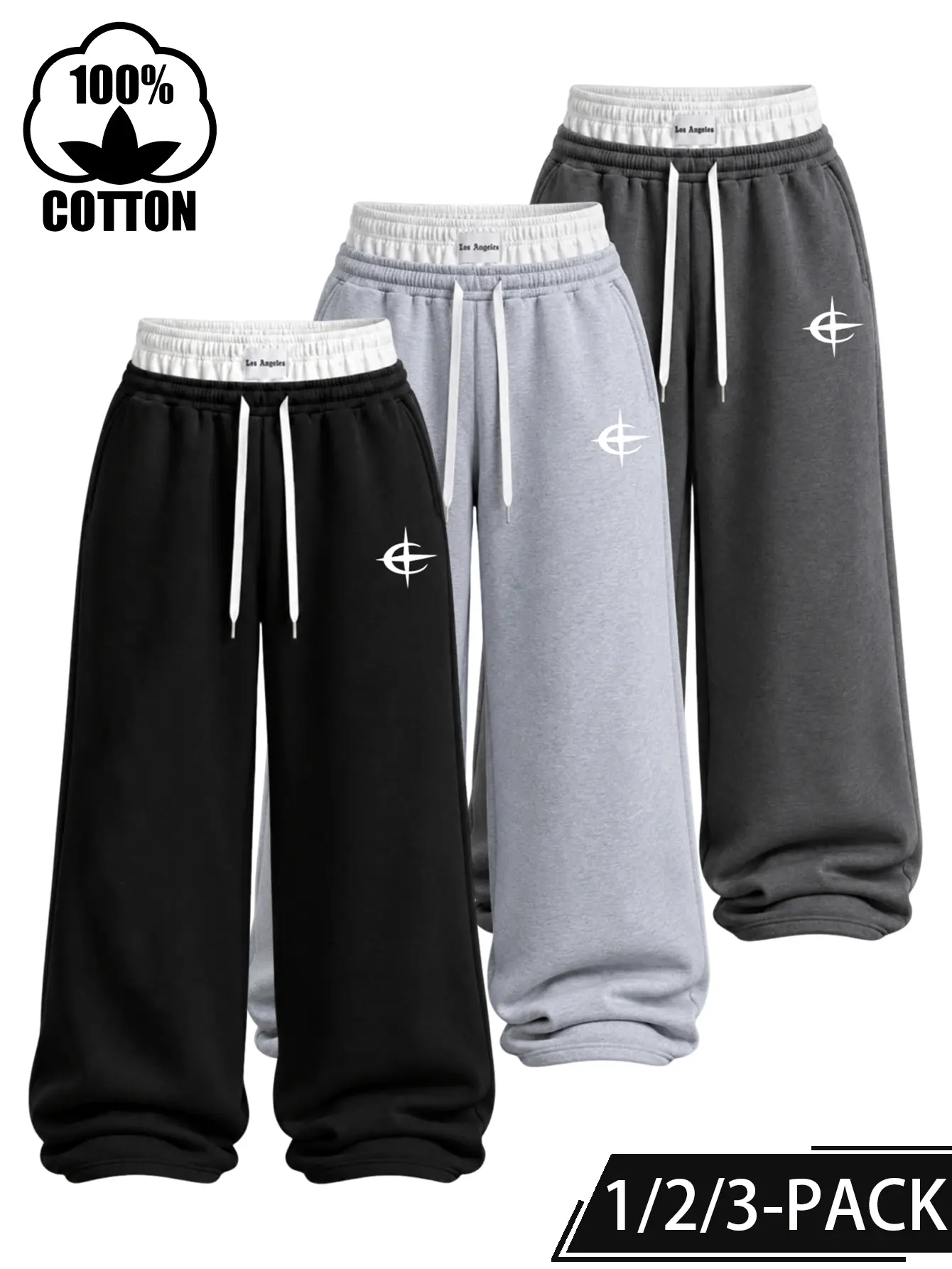 1-2-3 Pack Mens 100% Cotton Baggy Sweatpants Double Layer Contrast Waist Wide Leg Track Pants Drawstring Loose Fit Straight Leg Athletic Pants Y2K Streetwear Lounge Pants Graphic Print Hip Hop Workout Training Dance Everyday Fashion Trousers for Men Women