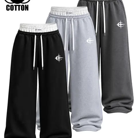 Men's 100% Cotton Baggy Jogging Sweatpants - 1/2/3 Packs, Double Layer Contrast Waist, Wide Leg, Graphic Print Y2000 Streetwear Clothing, Fitness Bottoms, Machine Washable Athletic Lounge Trousers