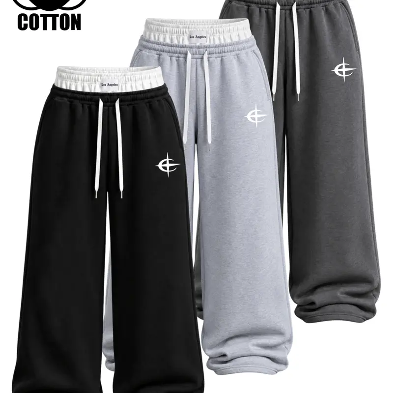 Men's 100% Cotton Baggy Jogging Sweatpants - 1/2/3 Packs, Double Layer Contrast Waist, Wide Leg, Graphic Print Y2000 Streetwear Clothing, Fitness Bottoms, Machine Washable Athletic Lounge Trousers