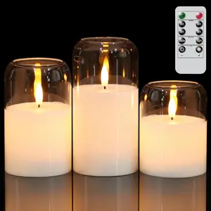 Glass Flameless Candles with Remote Timer, Clear  Operated Candles with Flickering Flame, Glass and Real Wax LED Pillar Candle for Halloween Christmas  Decor(Set of 3, D3"x4"5"6")