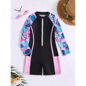 Girls' Crew Neck 1-Piece Elastane Swimsuit, Floral Color Block Print, Long Sleeve Straight-Leg, Casual Beachwear for Spring-Summer