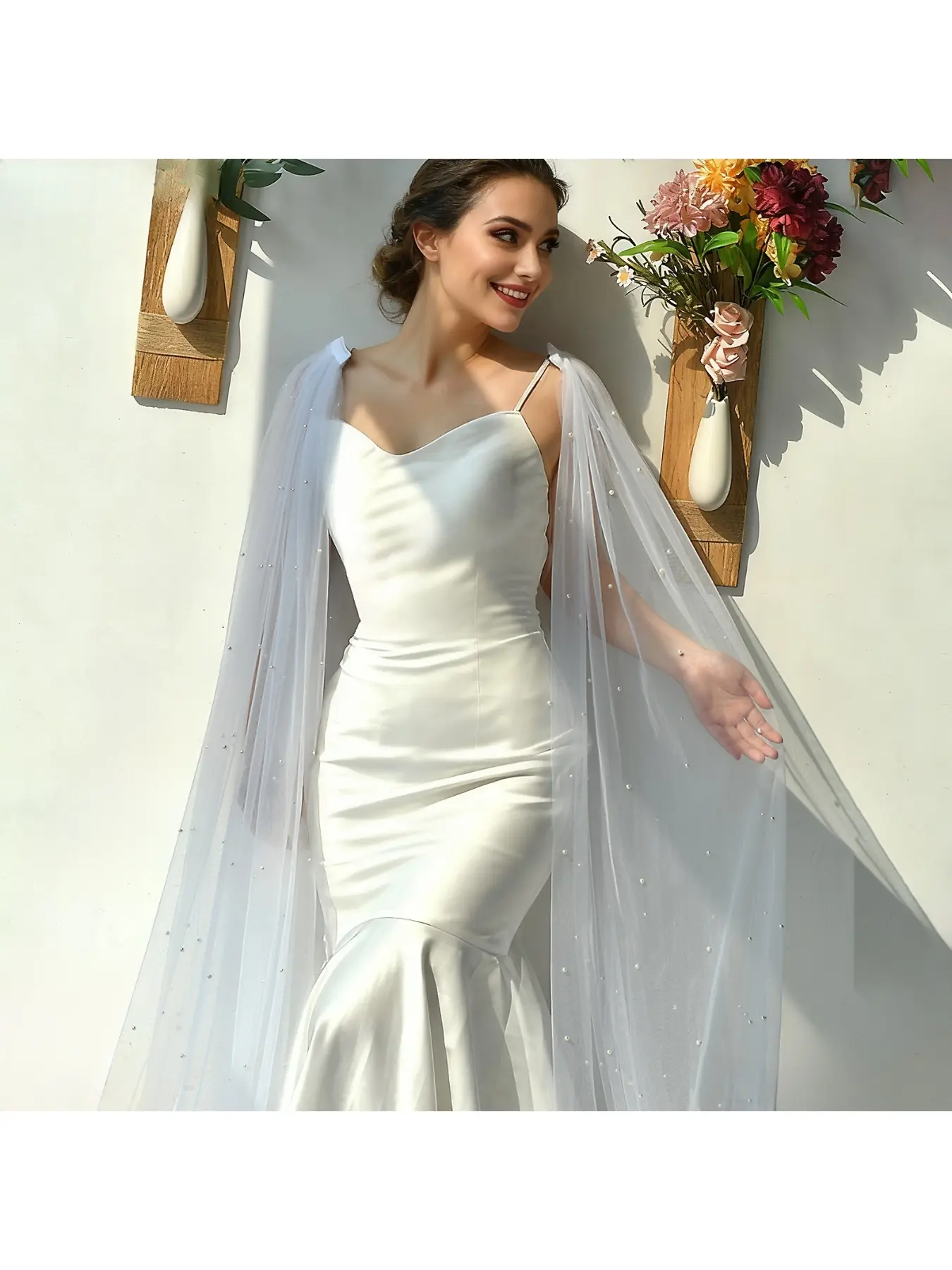 Pearl tulle floor-length shawl a pair of detachable single-layer bridal veil