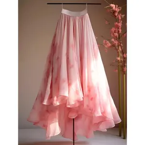 Dopamine Style Pink Chiffon High Waist Printed Elastic Waist Versatile Midi Skirt Fabric Womenswear skirts jean skirt outfit mini skirt denim skirt Bottoms Flower Loose Polyester skirts pencil skirt jean skirt outfit Umbrella Woven