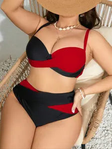 Colorblock High Waist Two-Piece Swimsuit, Plus Size Slimming Cover-Up, Vacation Hot Spring Beach Essential, Sexy Bikini