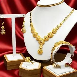 Women's 4-Piece Gold-Plated Filigree Flower Jewelry Set, Including Statement Simple Necklace, Drop Earrings, Adjustable Ring & Bracelet, Luxury Ethiopian African Bridal Costume Elegant Charm Jewelry for Daily Wear