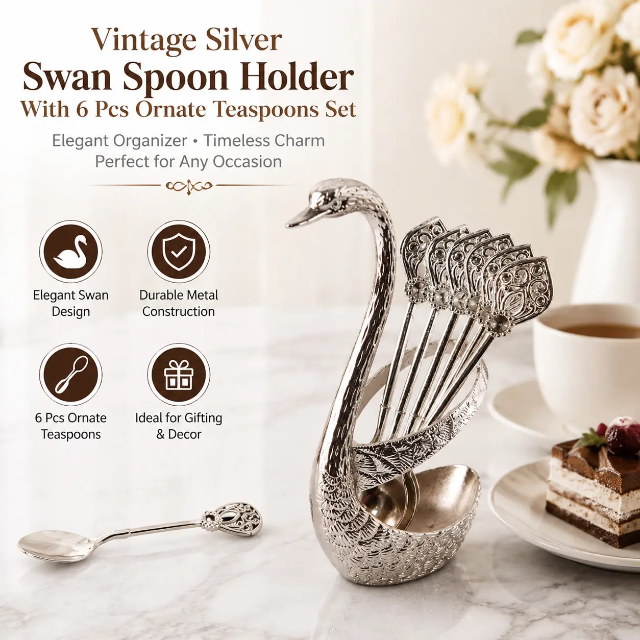Vintage Silver Swan Spoon Holder With 6 Pcs Ornate Teaspoons Set, Elegant Metal Dessert Coffee Spoon Organizer Tableware Kit For Home Kitchen Tea Party Cafe Wedding Table Decor