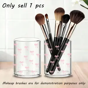 Pink Bow-Print Round Acrylic Storage Jar, Makeup Brush Organizer, Makeup Tool Organizer, Makeup Cosmetic Organizer, Pen Brush Storage, Suitable For Home, School & Office. Compact, Cotton Swabs, Paintbrushes, Toiletries