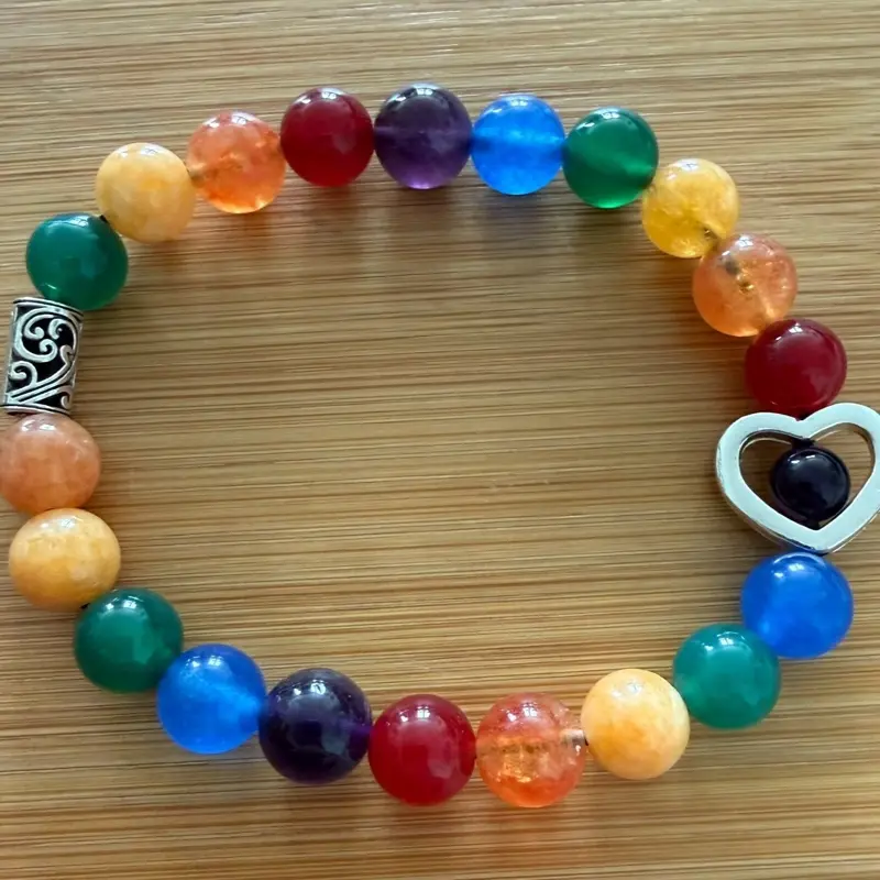 Rainbow Gemstone Bracelet with Silvery Heart Charm