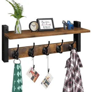 Wall Hooks with Shelf,  Coat Rack with Shelf Wall-Mounted, Entryway  Shelves with 5 Metal Hooks for Clothes Hats Towel Purse Robes, Bathroom Mudroom Bedroom, Rustic Brown Black