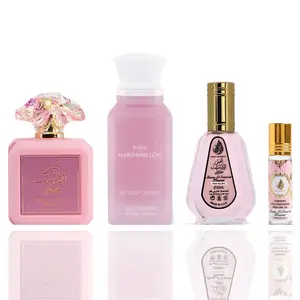 Ard Al Zaafaran Shams Al Emarat Pink Blush Men's 4-Piece Fragrance Bundle Set - 50ml Roll-On, EDP Perfume Spray, Concentrated Oil, Floral Blend Aroma, Pink Marshmallow, Golden Vanilla Scented, Amber, Long-Lasting Wear