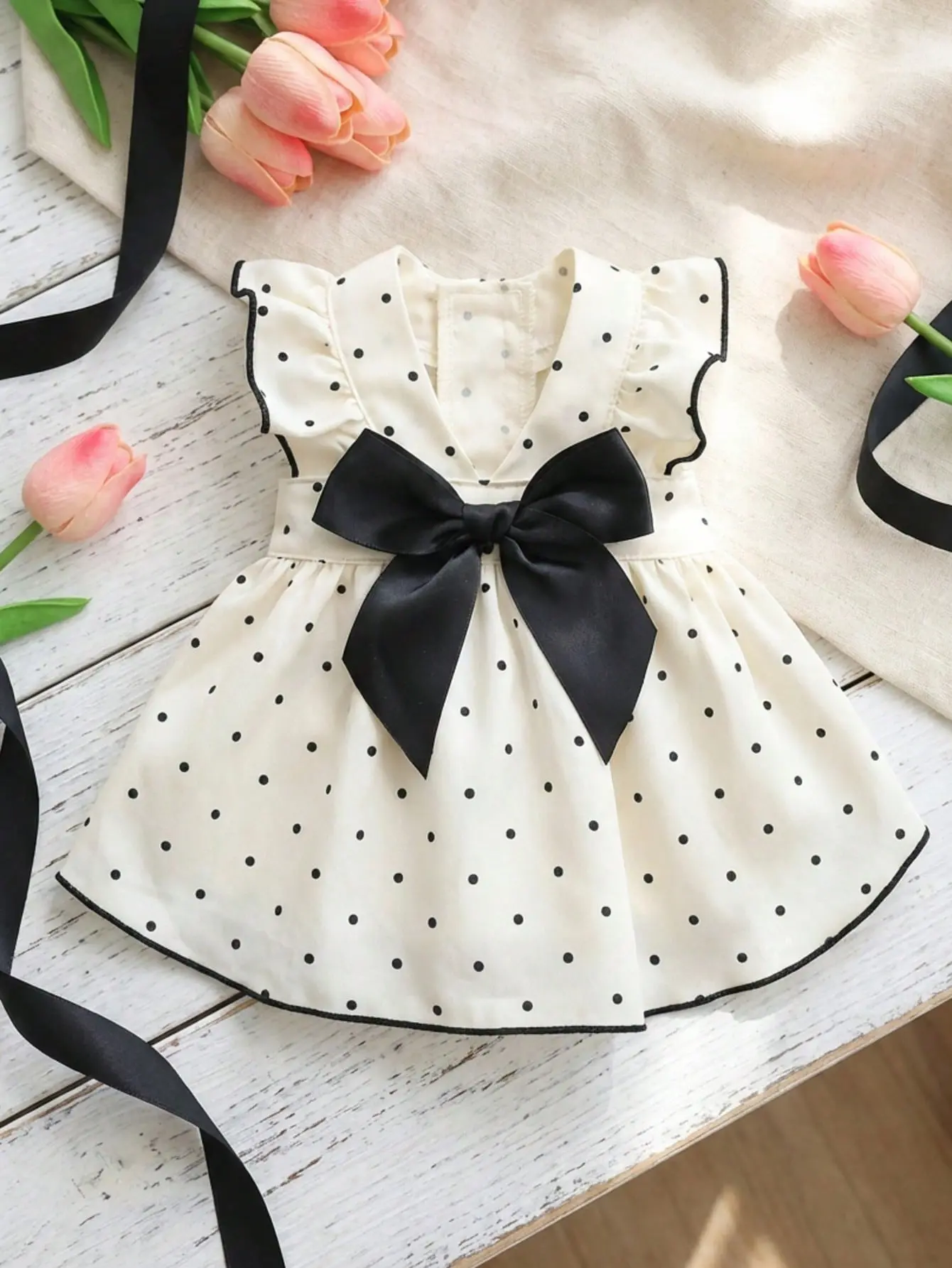 AESS x PETSIN French Retro Polka Dot Pet Dress With Large Bow Ruffled Sleeves Cute Princess Style For Small Medium Dogs Cats Outdoor Wear