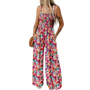 Women's Casual Loose Overalls Jumpsuits One Piece Sleeveless Printed Wide Leg Long Pant Rompers With Pockets Bohemian Womenswear